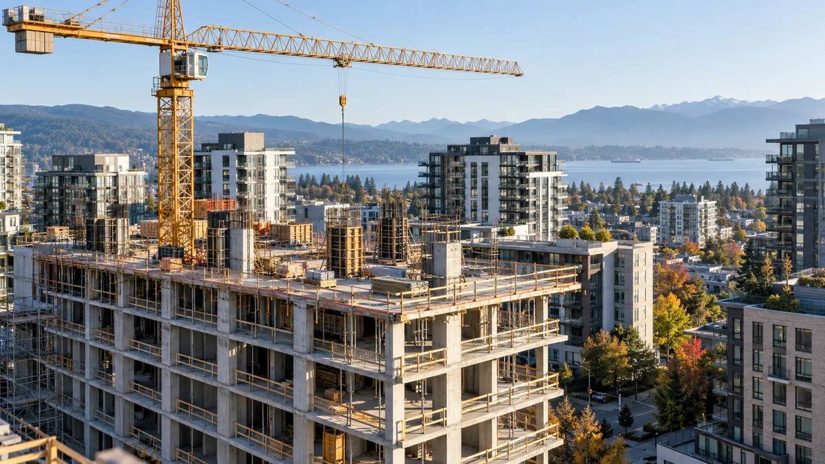 Mid-rise apartment construction with a tower crane