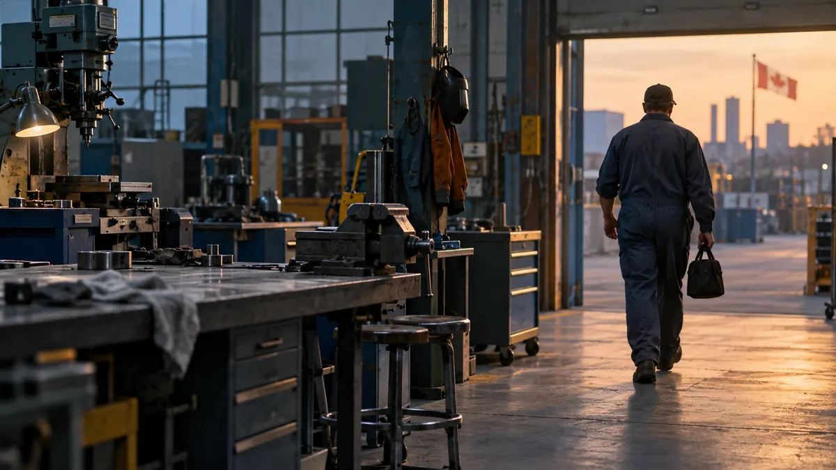 Worker leaving a quiet manufacturing workshop