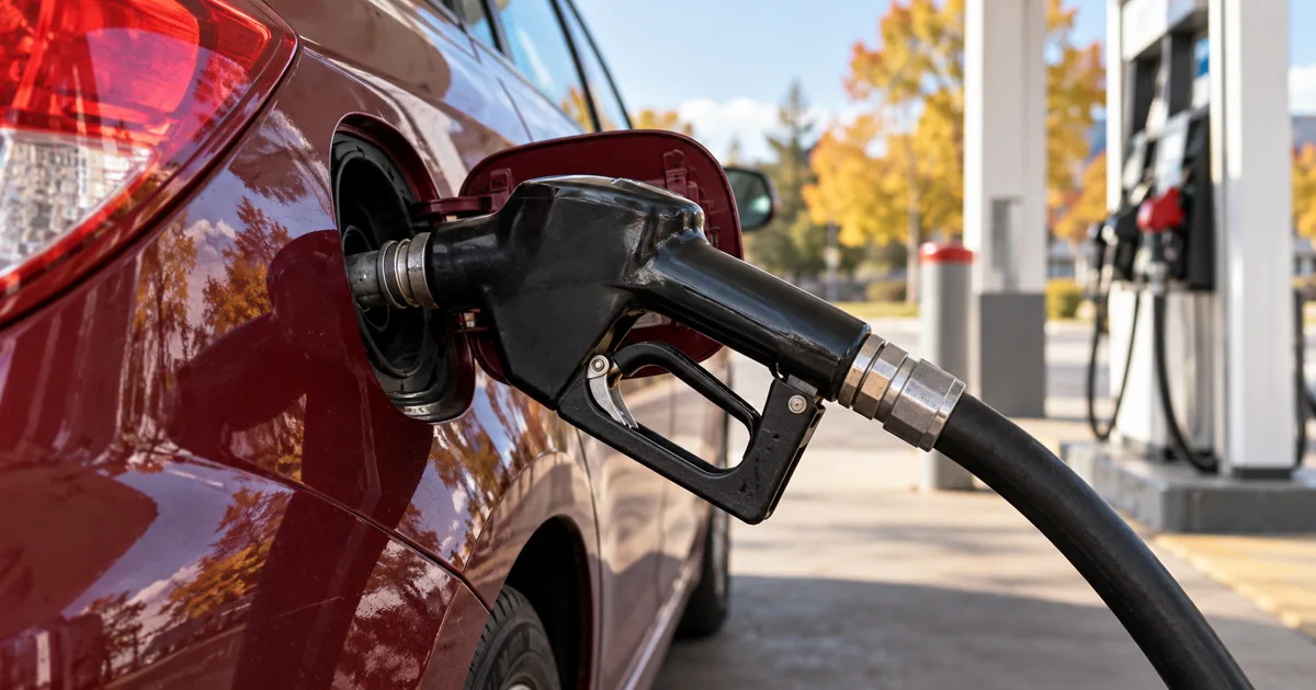 Gasoline nozzle in a burgundy car at an unbranded service station