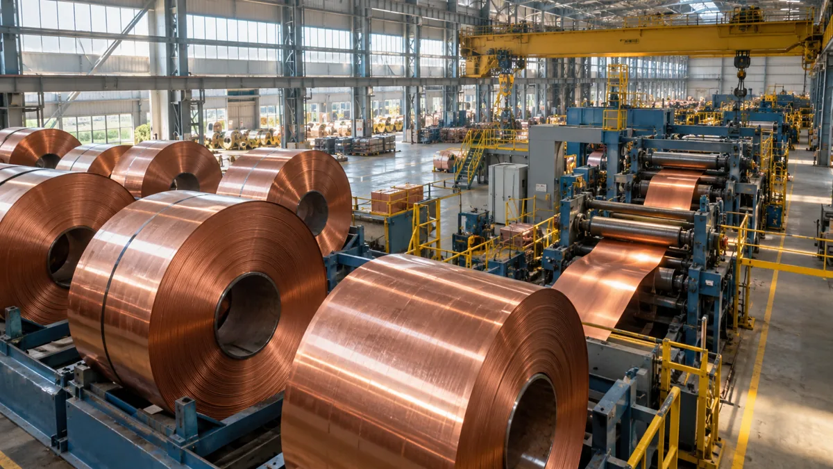 Copper coils and metal-processing equipment on a Canadian factory floor